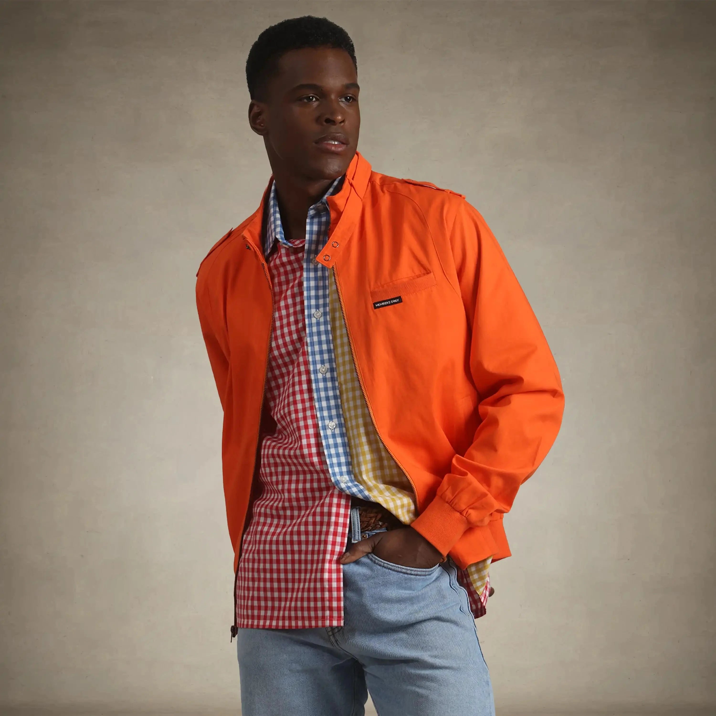 members only men's classic iconic racer jacket orange small 
